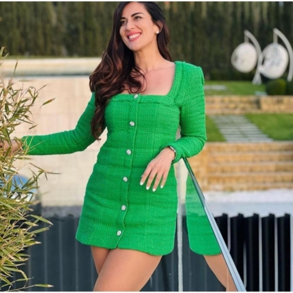 Zara * Tweed Textured Weave Blazer Dress with Jewel Buttons Green - Picture 7 of 14